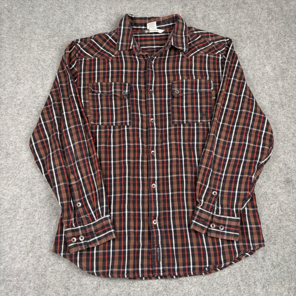 Banded Flannel Shirt Mens XL Brown Plaid Cotton Long Sleeve Western Button Up